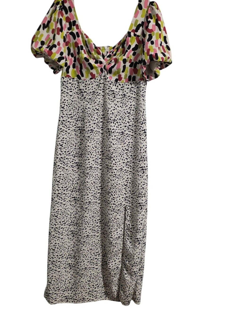 Glamorous Multi Abstract Spot Puff Sleeve Midi Dress With Side Slit Sz M EUC